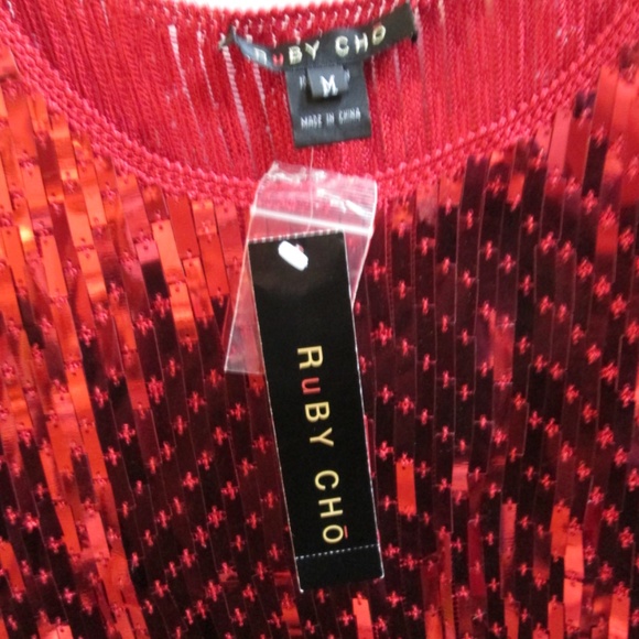 new RUBY CHO Red Sequins sexy blouse GREAT FOR CHRISTMAS Sz M - Picture 5 of 6